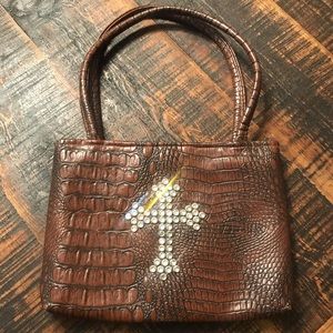 Brown bag w/Swarovski crystal cross. EUC.